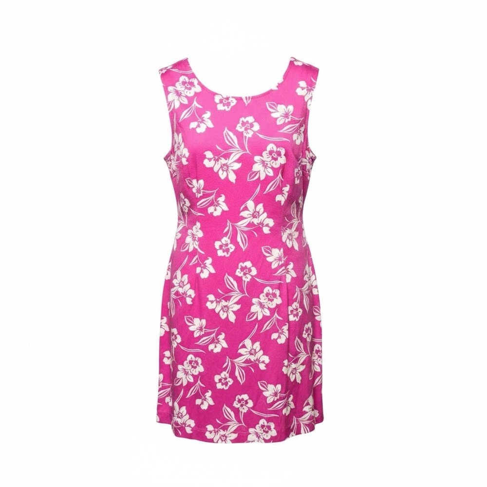 Y2K Tropical Pink Hawaiian Cotton Dress Size 6P Floral Sleeveless Resort Stretch